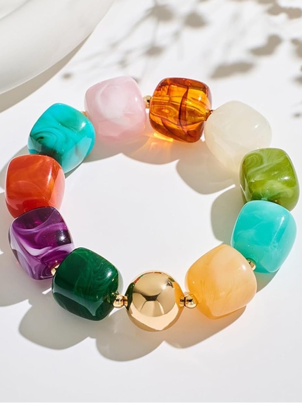 Colorful Beaded Stretch Bracelet with Gold Accent